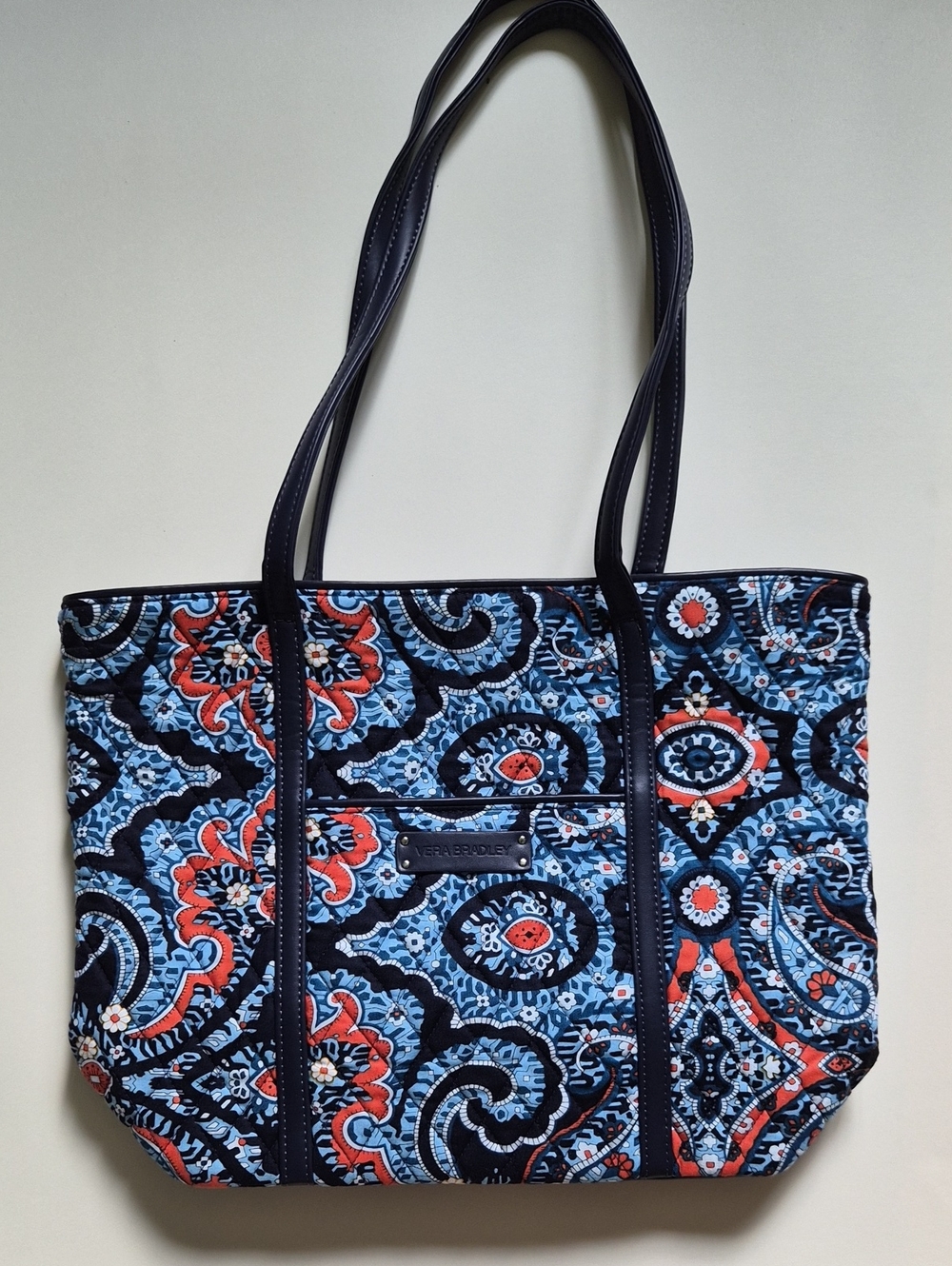 Vera Bradley Quilted Paisley Tote in Navy, Light Blue & Coral